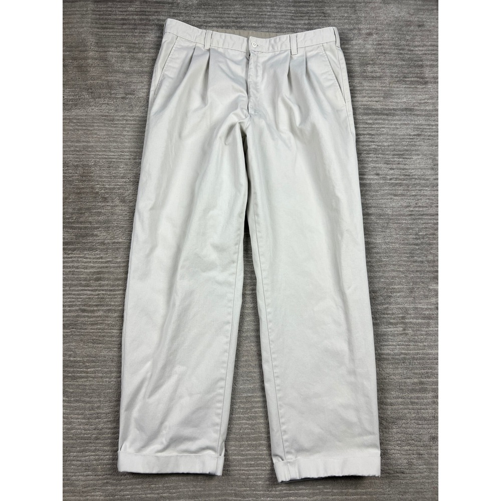 St Johns Bay Chino Pants Men 38x32 Stone Pleated Relaxed Fit Cuffed Cotton Twill